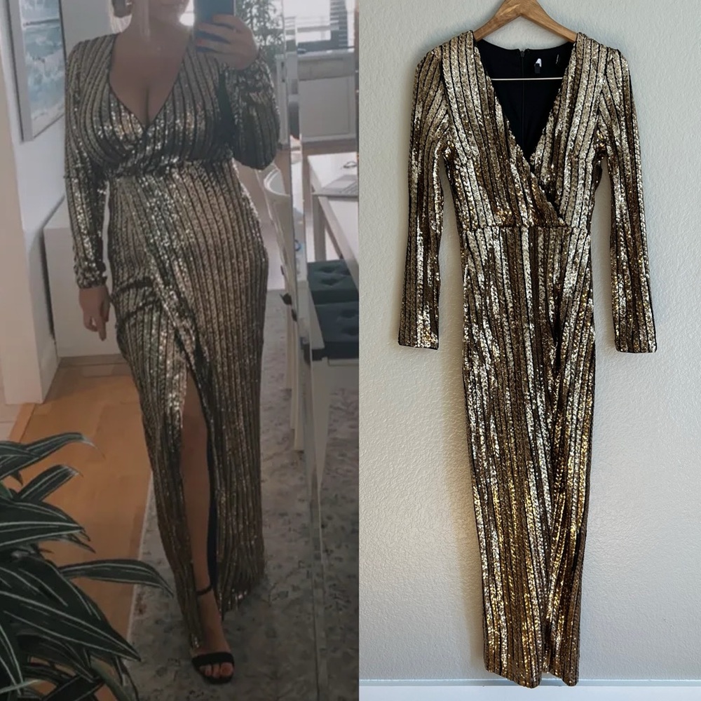 NWOT Love Lasts Forever Gold Sequin Long Sleeve Maxi Dress, Stunning!